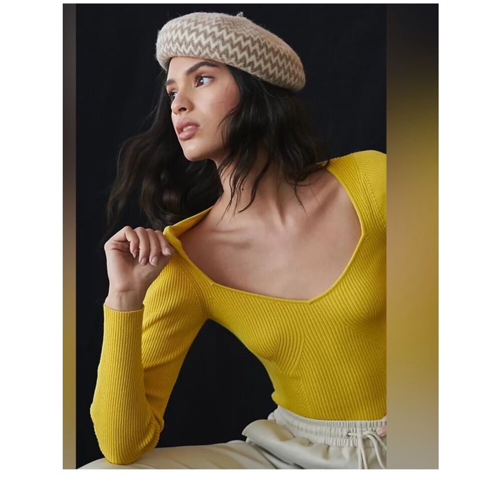 Anthropologie mustard Yellow Ribbed Square-Neck Long-Sleeve Top size Small